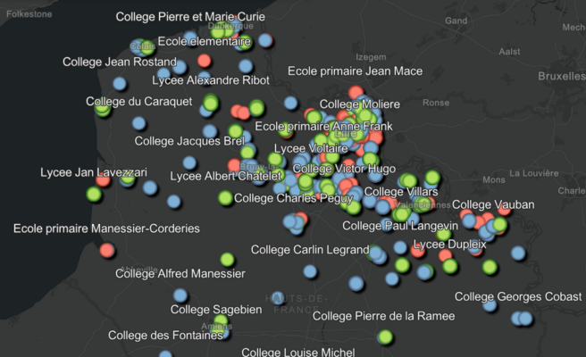 Cartographie des établissements scolaires concernés par les actions de médiation scientifique ULille sur l'année 2023 - 2024
